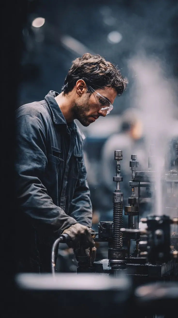 Technician servicing engine-room machinery
