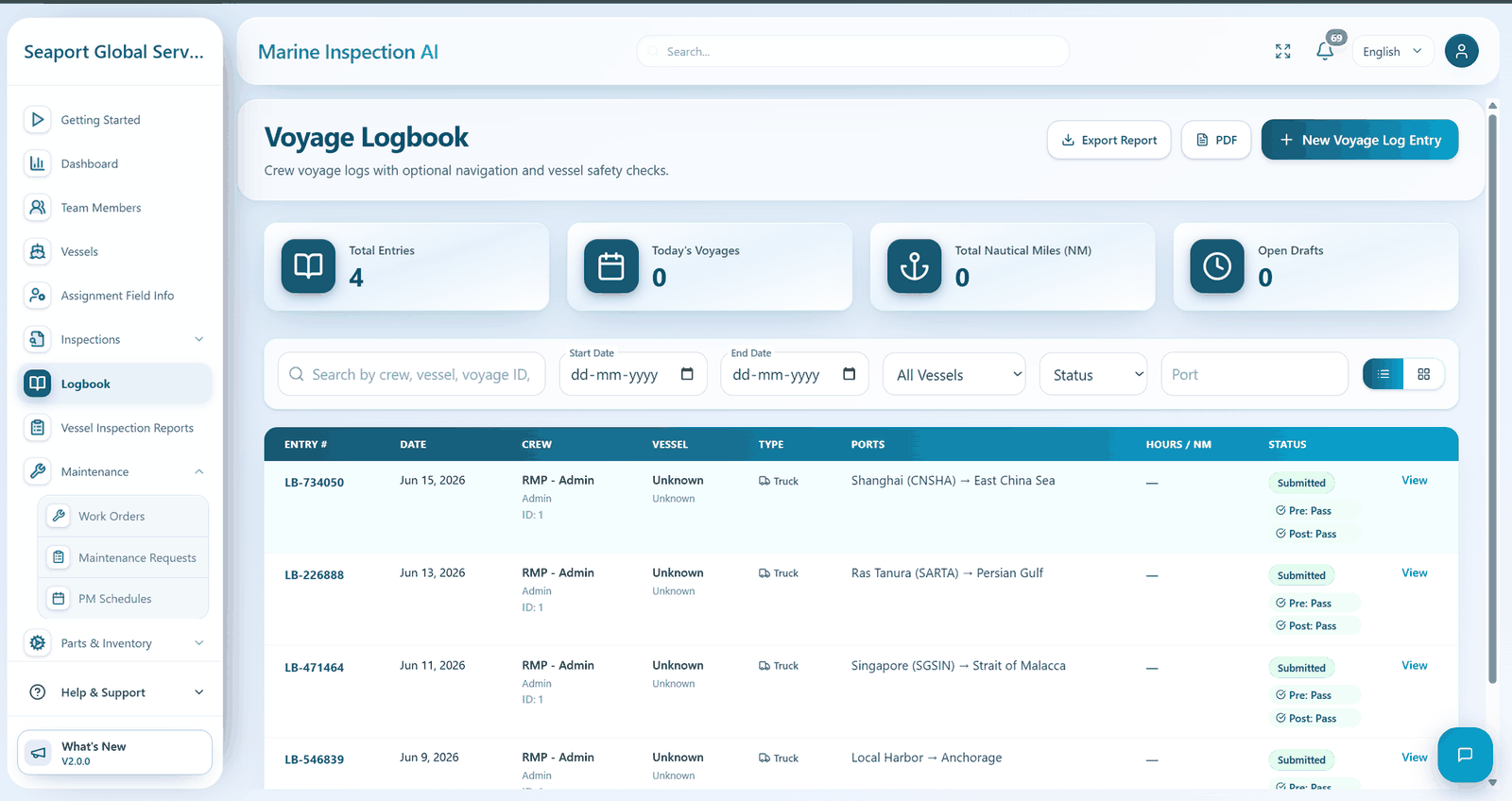 Logbook screen — digital deck and engine log entries