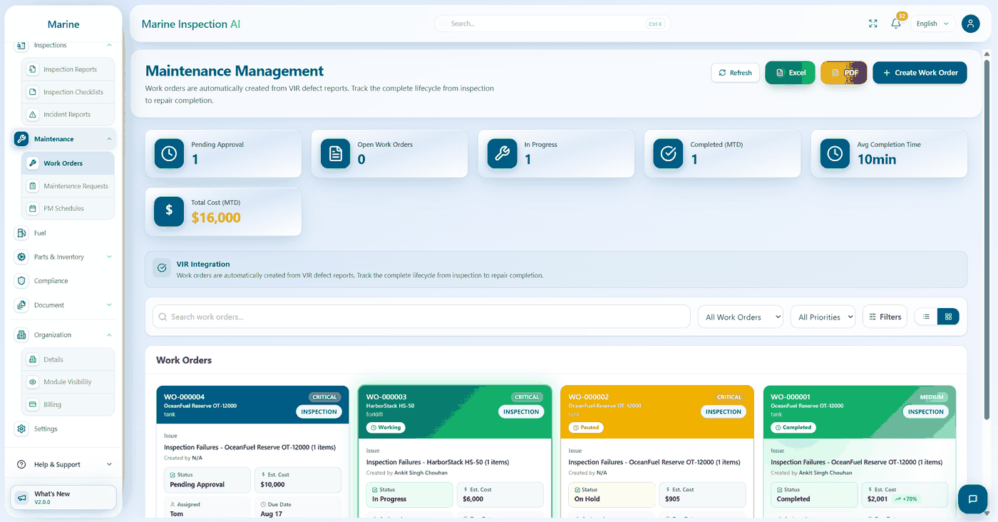 Maintenance Management screen — work orders with status, cost and due dates